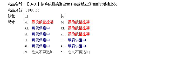 蕾絲--清甜風情小心機葉子蕾絲五分袖簍空拼接寬鬆橫條圓領上衣(白.灰XL-5L)-U400眼圈熊中大尺碼