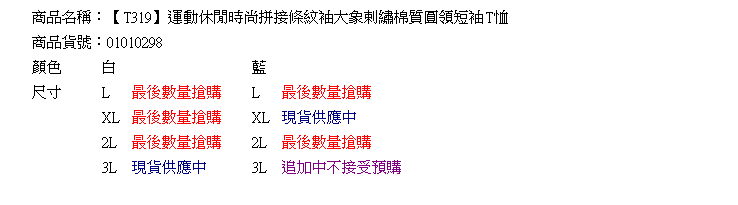 圓領T--運動休閒時尚拼接條紋袖大象剌繡棉質圓領短袖T恤(白.藍L-3L)-T319眼圈熊中大尺碼◎