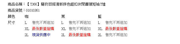 棉T--簡約百搭清新拼色鈕扣休閒圓領短袖T恤(黑.咖.藍L-2L)-T366眼圈熊中大尺碼中大尺碼