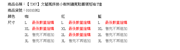 棉T--文藝風拼接小樹刺繡寬鬆圓領短袖T恤(紅.咖.藍L-3L)-T367眼圈熊中大尺碼中大尺碼