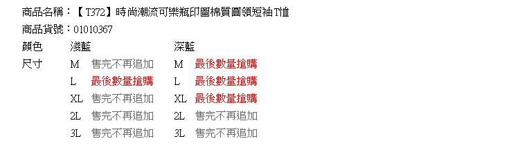 加大T恤--時尚潮流可樂瓶印圖棉質圓領短袖T恤(深藍.淺藍M-3L)-T372眼圈熊中大尺碼中大尺碼