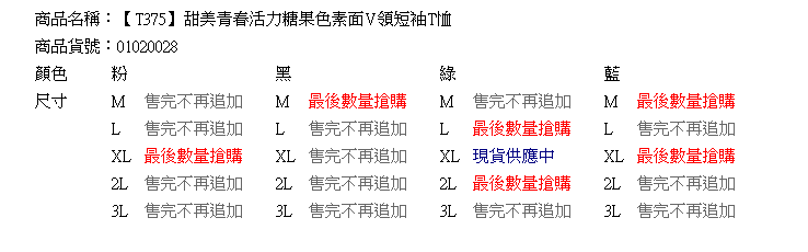 棉T--甜美青春活力糖果色素面V領短袖T恤(黑.粉.藍.綠M-3L)-T375眼圈熊中大尺碼中大尺碼