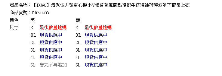 長版--微露心機小V領普普風圓點裙襬牛仔短袖荷葉波浪下擺長上衣(黑.藍XL-5L)-D390眼圈熊中大尺碼