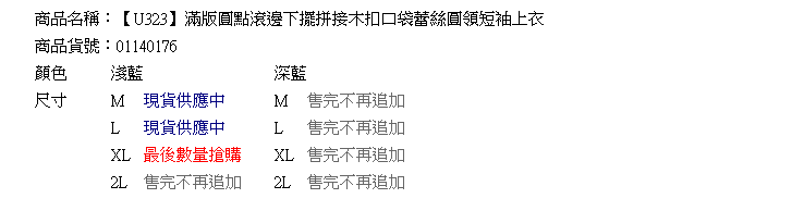 蕾絲--優雅閒適領滾邊下擺蕾絲拼接木扣口袋水玉短袖上衣(深藍.淺藍S-2L)-U323眼圈熊中大尺碼