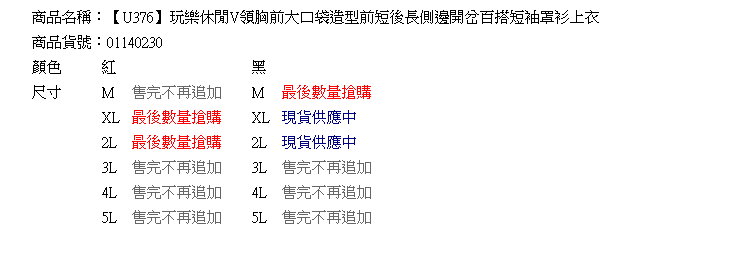 質感寬鬆--V領胸前大口袋造型前短後長側邊開岔百搭短袖罩衫上衣(黑.紅XL-5L)-U376眼圈熊中大尺碼