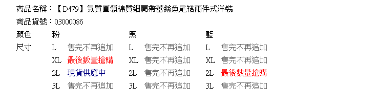 蕾絲洋裝--氣質圓領棉質細肩帶蕾絲魚尾裙兩件式洋裝(黑.粉.藍L-3L)-D479眼圈熊中大尺碼