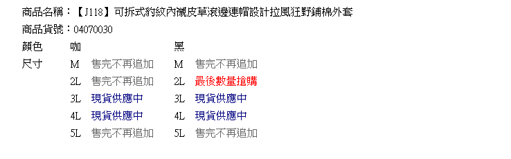 鋪棉外套--可拆式豹紋內襯皮草滾邊連帽設計拉風狂野鋪棉外套(黑.咖2L-5L)-J118眼圈熊中大尺碼◎