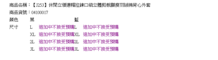 保暖--休閒立領連帽拉鍊口袋立體剪裁顯瘦羽絨棉背心外套(黑.藍L-3L)-J253眼圈熊中大尺碼◎