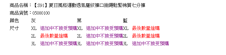 運動褲--夏日風格運動透氣羅紋褲口抽繩鬆緊棉質七分褲(黑.灰.藍XL-3L)-S91眼圈熊中大尺碼◎