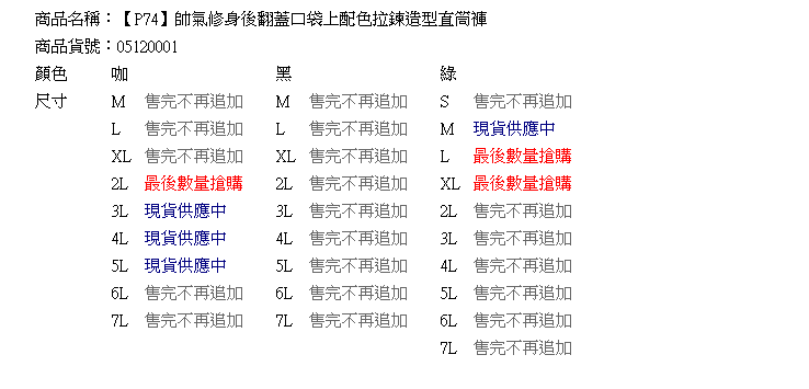 加大尺碼--帥氣修身後翻蓋口袋上配色拉鍊造型直筒褲(黑.咖.綠M-7L)-P74眼圈熊中大尺碼