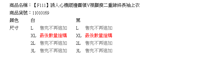 中大尺碼--誘人心機緄邊圓領V襟顯瘦二重線條長袖上衣(白.黑L-3L)-F111眼圈熊中大尺碼