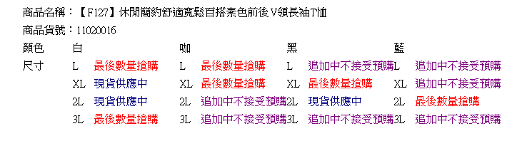 內搭衣--休閒簡約舒適寬鬆百搭素色前後V領長袖T恤(白.黑.咖.藍L-3L)-F127眼圈熊中大尺碼