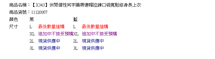 長版上衣--休閒個性英字織帶連帽拉鍊口袋寬鬆修身長上衣(黑.藍L-3L)-X343眼圈熊中大尺碼