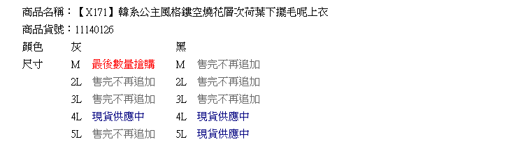 毛呢--韓系公主風格鏤空燒花層次荷葉下擺毛呢上衣(黑.灰2L-5L)-X171眼圈熊中大尺碼★